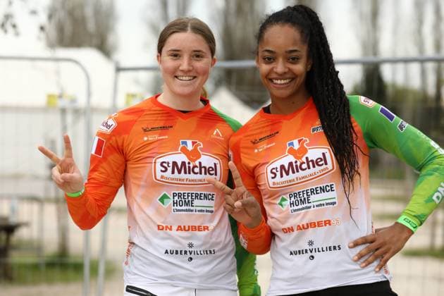 March 28, 2025, Verona, Veneto, Italy: NAELLE MICHAUD and MANON VALENTINO of France pose for a photo ahead of the UEC BMX European Cup Round 1 in Verona, Italy Verona Italy - ZUMAc179 20250328_zep_c179_037 Copyright: xMickaelxChavetx