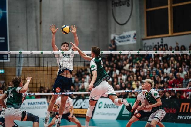 Volleyball Men Season 2024 2025 Volleyball Bundesliga Playoff Quarterfinals Match 2 FT 1844 Freiburg vs SVG Lüneburg 28 03 2025 Anton Jung 8 FT 1844 Freiburg vs Simon Torwie 1 SVG Lüneburg Freiburg i Br Act Now Arena Baden Würtemberg Germany