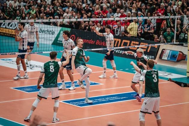 Volleyball Men Season 2024 2025 Volleyball Bundesliga Playoff Quarterfinals Game 2 FT 1844 Freiburg vs SVG Lüneburg 28 03 2025 Liam Kristjanson 12 FT 1844 Freiburg cheers after winning a point with the team Freiburg i Br Act Now Arena Baden Würtemberg Germany