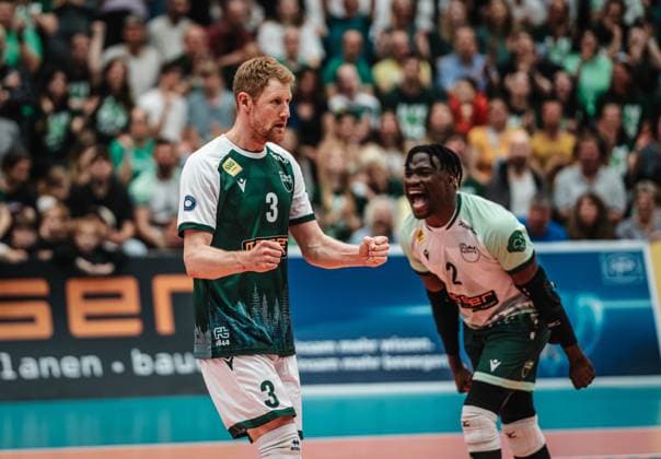 Volleyball Men Season 2024 2025 Volleyball Bundesliga Playoff Quarterfinals Game 2 FT 1844 Freiburg vs SVG Lüneburg 28 03 2025 Yannick Harms 3 FT 1844 Freiburg cheers with Timothy McIntosh 2 FT 1844 Freiburg Freiburg i Br Act Now Arena Baden Würtemberg Germany