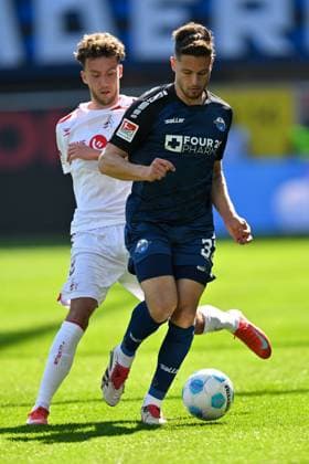 Paderborn, Home Deluxe Arena, 29 03 25, GER, Herren, 2 Bundesliga, Saison 2024 2025, SC Paderborn 07 1 FC Koeln Picture from left in duel Luca WALDSCHMIDT Koeln and Marcel HOFFMEIER Paderborn DFL regulations prohibit any use of photographs as image sequences and or quasi video NRW Germany