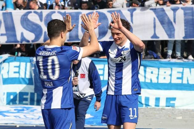 29 03 2025, xtgx, Fußball 2 Bundesliga, Hertha BSC Berlin Karlsruher SC emspor, v l Fabian Reese Hertha, 11 Jubel, Torjubel, jubelt ueber das Tor, celebrate the goal, celebration DFL DFB REGULATIONS PROHIBIT ANY USE OF PHOTOGRAPHS as IMAGE SEQUENCES and or QUASI VIDEO Berlin