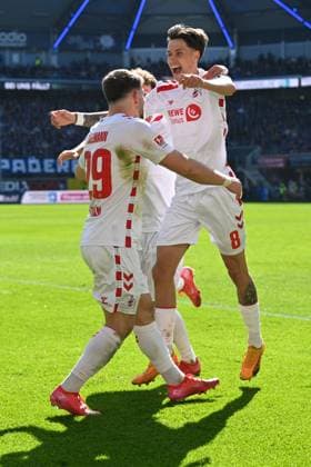 Paderborn, Home Deluxe Arena, 29 03 25, GER, Herren, 2 Bundesliga, Saison 2024 2025, SC Paderborn 07 1 FC Koeln Bild Denis HUSEINBASIC Koeln jubilates after his goal for 1 2 DFL regulations prohibit any use of photographs as image sequences and or quasi video NRW Germany
