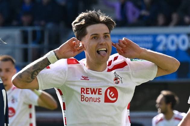 Paderborn, Home Deluxe Arena, 29 03 25, GER, Herren, 2 Bundesliga, Saison 2024 2025, SC Paderborn 07 1 FC Koeln Bild Denis HUSEINBASIC Koeln jubilates after his goal for 1 2 DFL regulations prohibit any use of photographs as image sequences and or quasi video NRW Germany