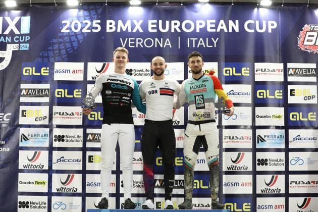 Radsport, BMX, UEC European Cup in Verona - Siegerehrung March 29, 2025, Verona, Veneto, Italy: LORIS AEBERHARD of Switzerland (left), ROSS CULLEN of Great Britain (center) and PABLO GARCIA MARCOS of Spain (right) are the second, first and third in the Men Elite of the UEC BMX European Cup Round 1 in Verona, Italy Verona Italy - ZUMAc179 20250329_zep_c179_005 Copyright: xMickaelxChavetx