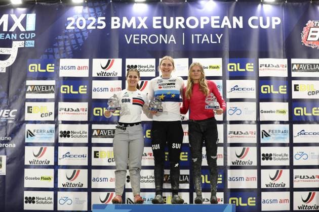 Radsport, BMX, UEC European Cup in Verona - Siegerehrung March 29, 2025, Verona, Veneto, Italy: BETHANY SHRIEVER of Great Britain (left), ZOE CLAESSENS of Switzerland (center) and MICHELLE WISSING of Netherlands (right) are the second, first and third in the Women Elite of the UEC BMX European Cup Round 1 in Verona, Italy Verona Italy - ZUMAc179 20250329_zep_c179_010 Copyright: xMickaelxChavetx