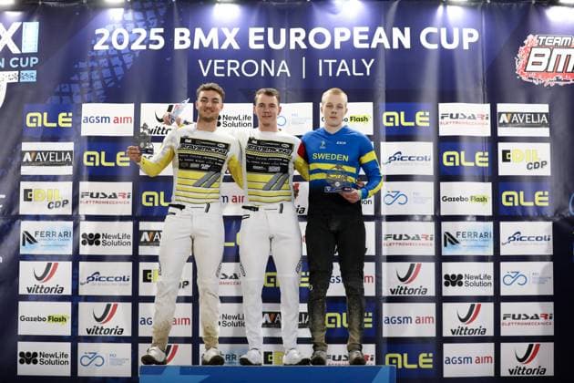 Radsport, BMX, UEC European Cup in Verona - Siegerehrung March 29, 2025, Verona, Veneto, Italy: VINCENT MOLEN of Sweden (left), CASPER PIPERS of Netherlands (center) and JULIAN BIJSTERBOSCH of Netherlands (right) are the second, first and third in the Men Under 23 of the UEC BMX European Cup Round 1 in Verona, Italy Verona Italy - ZUMAc179 20250329_zep_c179_020 Copyright: xMickaelxChavetx