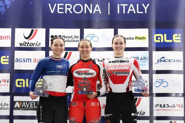 Radsport, BMX, UEC European Cup in Verona - Siegerehrung March 29, 2025, Verona, Veneto, Italy: LAURA MOUGEY of France (left), FRANCESCA CINGOLANI of Italy (center) and RENSKE VAN SANTVOORT of Netherlands (right) are the second, first and third in the Women Under 23 of the UEC BMX European Cup Round 1 in Verona, Italy Verona Italy - ZUMAc179 20250329_zep_c179_033 Copyright: xMickaelxChavetx