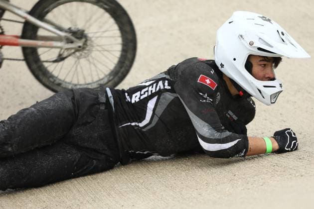 March 29, 2025, Verona, Veneto, Italy: ETHAN PERRIN of Switzerland crashes in the first round of the Men Junior of the UEC BMX European Cup Round 1 in Verona, Italy Verona Italy - ZUMAc179 20250329_zep_c179_130 Copyright: xMickaelxChavetx