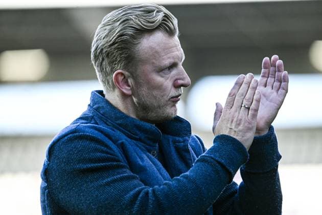 Beerschot s head coach Dirk Kuyt looks dejected after losing a soccer match between Beerschot VA and Sint-Truidense VV, Saturday 29 March 2025 in Antwerp, on day 1 (out of 6) of the Relegation Play-offs of the 2024-2025 Jupiler Pro League first division of the Belgian championship. TOM GOYVAERTS TomxGoyvaerts  x116913196x