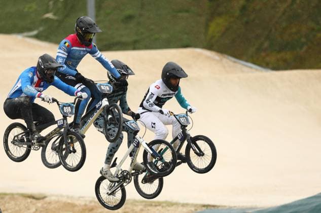 March 29, 2025, Verona, Veneto, Italy: Men Junior riders of whom DAVID FERREIRA 877 of Switzerland compete in the Last 16 of the UEC BMX European Cup Round 1 in Verona, Italy Verona Italy - ZUMAc179 20250329_zep_c179_135 Copyright: xMickaelxChavetx