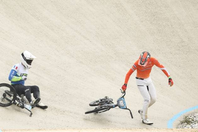 March 29, 2025, Verona, Veneto, Italy: MIKA LANG of Netherlands and RUBEN EUGENIE of France crash in the Last 16 of the Men Under 23 at the UEC BMX European Cup Round 1 in Verona, Italy Verona Italy - ZUMAc179 20250329_zep_c179_152 Copyright: xMickaelxChavetx