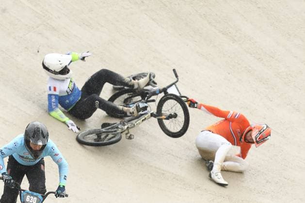 March 29, 2025, Verona, Veneto, Italy: MIKA LANG of Netherlands and RUBEN EUGENIE of France crash in the Last 16 of the Men Under 23 at the UEC BMX European Cup Round 1 in Verona, Italy Verona Italy - ZUMAc179 20250329_zep_c179_153 Copyright: xMickaelxChavetx