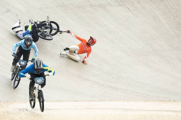 March 29, 2025, Verona, Veneto, Italy: MIKA LANG of Netherlands and RUBEN EUGENIE of France crash in the Last 16 of the Men Under 23 at the UEC BMX European Cup Round 1 in Verona, Italy Verona Italy - ZUMAc179 20250329_zep_c179_155 Copyright: xMickaelxChavetx