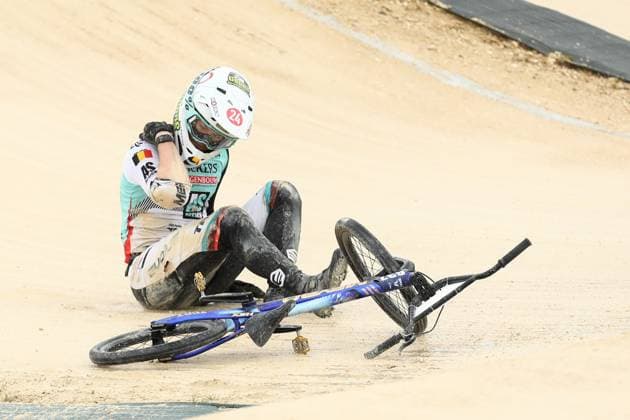 March 29, 2025, Verona, Veneto, Italy: LORIS JEANMOYE of Belgium falls dramatically in the Quarterfinals of the Men Under 23 at the UEC BMX European Cup Round 1 in Verona, Italy Verona Italy - ZUMAc179 20250329_zep_c179_157 Copyright: xMickaelxChavetx