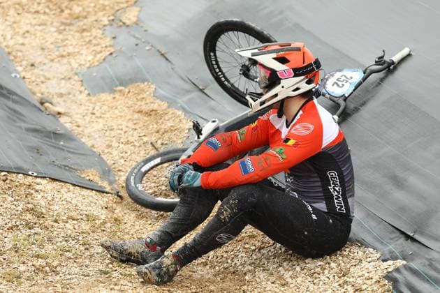 March 29, 2025, Verona, Veneto, Italy: Mathijn BOGAERT of Belgium falls in the Men Elite Quarterfinals of the UEC BMX European Cup Round 1 in Verona, Italy Verona Italy - ZUMAc179 20250329_zep_c179_162 Copyright: xMickaelxChavetx