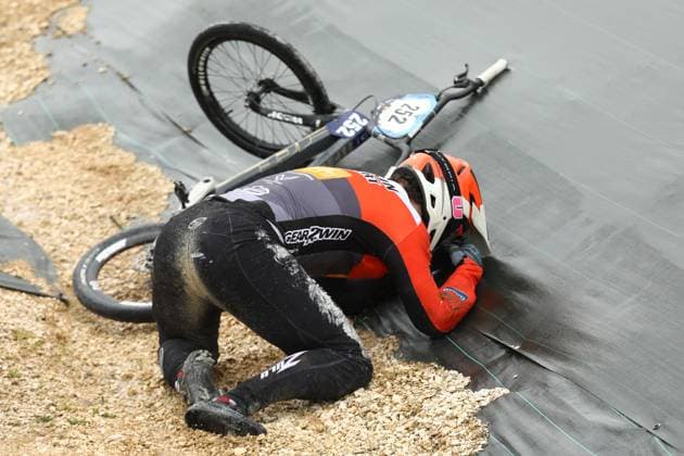 March 29, 2025, Verona, Veneto, Italy: Mathijn BOGAERT of Belgium falls in the Men Elite Quarterfinals of the UEC BMX European Cup Round 1 in Verona, Italy Verona Italy - ZUMAc179 20250329_zep_c179_166 Copyright: xMickaelxChavetx