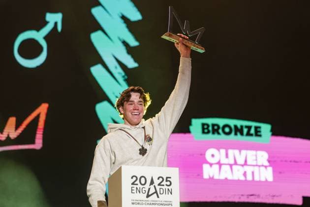 FREE STYLE, SNOWBOARD - FIS SX and SB WC Engadin 2025 SANKT MORITZ,SWITZERLAND,29.MAR.25 - SNOWBOARD - FIS Freestyle Ski and Snowboard World Championships, Champions Celebration, award ceremony, Snowboard Big Air. Image shows Oliver Martin (USA). Keywords: trophy.  GEPAxpictures xMatthiasxTrinkl