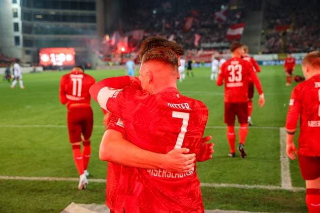 29 03 2025, xmohx, Fußball 2 Bundesliga, 1 FC Kaiserslautern Fortuna Duesseldorf v l Marlon Ritter Kaiserslautern celebrates the 1 0 together with Daniel Hanslik DFL DFB REGULATIONS PROHIBIT ANY USE OF PHOTOGRAPHS as IMAGE SEQUENCES and or QUASI VIDEO Kaiserslautern