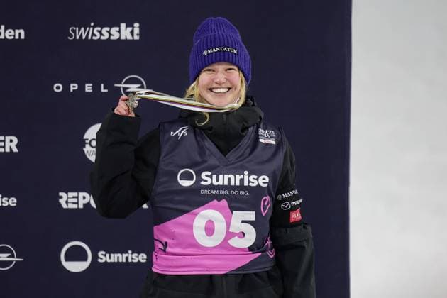 FREE STYLE, SNOWBOARD - FIS SX and SB WC Engadin 2025 SANKT MORITZ,SWITZERLAND,29.MAR.25 - FREE SKI - FIS Freestyle Ski and Snowboard World Championships, Big Air, finals, ladies, men. Image shows the rejoicing of Anni Karava (FIN). Keywords: medal.  GEPAxpictures xMatthiasxTrinkl
