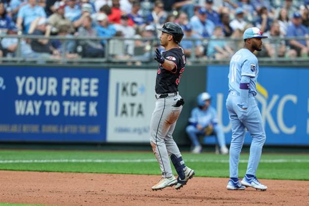 MLB, Baseball Herren, USA 2025: Guardians Vs Royals MAR 29 March 29, 2025: Cleveland Guardians left fielder Steven Kwan (38) reacts to his home run during the fifth inning of an MLB baseball game against the Kansas City Royals at Kauffman Stadium in Kansas City, MO. David Smith CSM (Credit Image: Â David Smith Cal Media) Kansas City Mo United States of America EDITORIAL USE ONLY Copyright: xx ZUMA-20250329_zma_c04_132.jpg DavidxSmithx csmphotothree370364