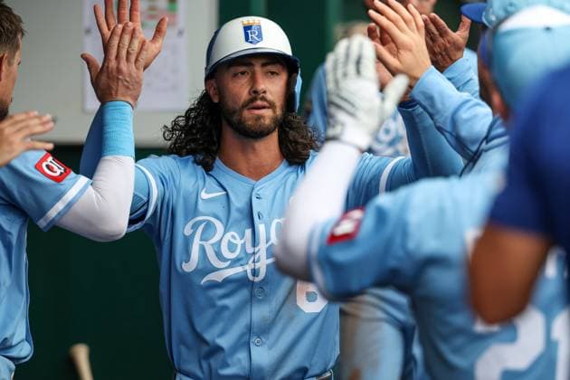 MLB, Baseball Herren, USA 2025: Guardians Vs Royals MAR 29 March 29, 2025: Kansas City Royals left fielder Jonathan India (6) celebrates scoring a run with teammates on an RBI single from catcher Salvador Perez (13), not shown, during the fourth inning of an MLB baseball game against the Cleveland Guardians at Kauffman Stadium in Kansas City, MO. David Smith CSM (Credit Image: Â David Smith Cal Media) Kansas City Mo United States of America EDITORIAL USE ONLY Copyright: xx ZUMA-20250329_zma_c04_155.jpg DavidxSmithx csmphotothree370389