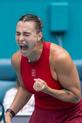 Aryna Sabalenka from Belarusia reacts to winning a point against Jessica Pegula from the USA in the women s final match on the stadium court at the Miami Open in the Hard Rock Stadium in Miami Gardens, Florida, on Saturday, March 29, 2025. Sabalenka defeated Pegula 7-5,6-2.  MIA20250328211 GARYxIxROTHSTEIN