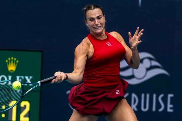 Aryna Sabalenka from Belarusia hits a forehand to Jessica Pegula from the USA in the women s final match on the stadium court at the Miami Open in the Hard Rock Stadium in Miami Gardens, Florida, on Saturday, March 29, 2025. Sabalenka defeated Pegula 7-5,6-2.  MIA20250329201 GARYxIxROTHSTEIN