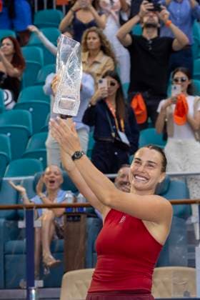 Aryna Sabalenka from Belarusia holds the winning trophy after defeating Jessica Pegula from the USA in the women s final match on the stadium court at the Miami Open in the Hard Rock Stadium in Miami Gardens, Florida, on Saturday, March 29, 2025. Sabalenka defeated Pegula 7-5,6-2.  MIA20250329305 GARYxIxROTHSTEIN
