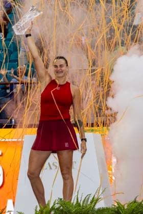 Aryna Sabalenka from Belarusia holds up the winning trophy after defeating Jessica Pegula from the USA in the women s final match on the stadium court at the Miami Open in the Hard Rock Stadium in Miami Gardens, Florida, on Saturday, March 29, 2025. Sabalenka defeated Pegula 7-5,6-2.  MIA20250329308 GARYxIxROTHSTEIN