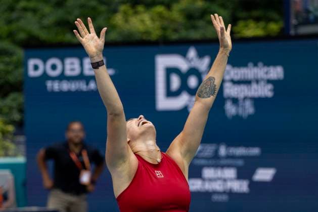 Aryna Sabalenka from Belarusia reacts after defeating Jessica Pegula from the USA in the women s final match on the stadium court at the Miami Open in the Hard Rock Stadium in Miami Gardens, Florida, on Saturday, March 29, 2025. Sabalenka defeated Pegula 7-5,6-2.  MIA20250329303 GARYxIxROTHSTEIN