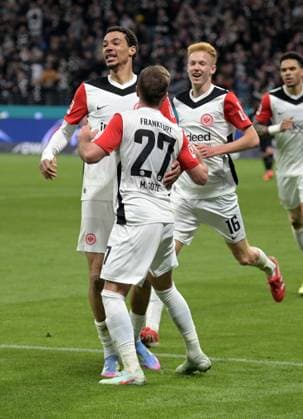 Mario Götze celebrates after his goal to 1 0 with Hugo Ekitike left and Hugo Larsson right photographed during the soccer Bundesliga match Eintracht Frankfurt against VFB Stuttgart on 29 3 2025 in Frankfurt