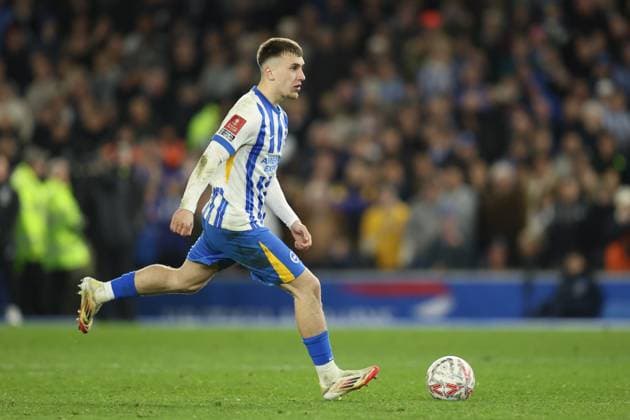 Brighton, England, March 29th 2025: Brajan Gruda of Brighton & Hove Albion takes a penalty during the FA Cup match between Brighton & Hove Albion and Nottingham Forest at the American Express Stadium in Brighton, England (Alexander Canillas SPP) Copyright: xAlexanderxCanillas SPPx spp-en-AlCa-9U2A0431