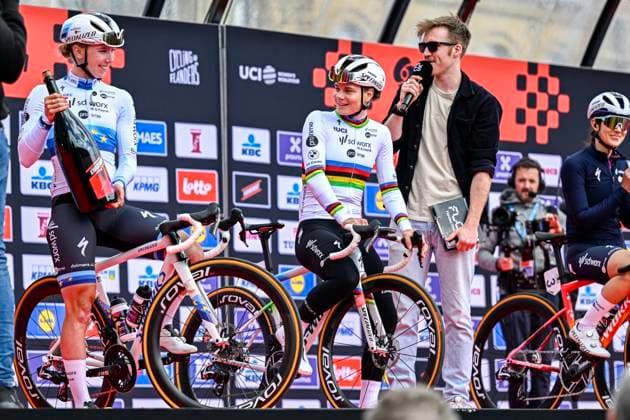 2025 Gent-Wevelgem In Flanders Fields Women Elite WEVELGEM, BELGIUM - MARCH 27 : Wiebes Lorena (NED) of Team SD Worx - Protime and Kopecky Lotte (BEL) of Team SD Worx - Protime on stage before the start of the race pictured during 14th edition of the Women s World Tour UCI Gent - Wevelgem in Flanders Fields cycling race for Women Elite with start in Ieper and finish in Wevelgem after 168,9 km on March 27, 2025 in Wevelgem, Belgium, 27 03 2025 Wevelgem Belgium  Copyright: xJanxDexMeuleneirx
