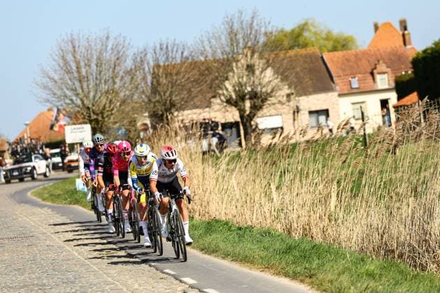 Latvian Emils Liepins of Q36.5 Pro Cycling Team and Belgian Victor Vercouillie of Team Flanders Baloise pictured in action during the men elite Gent-Wevelgem - In Flanders Fields one day cycling race, 250.3 km from Ieper to Wevelgem, Sunday 30 March 2025. DAVIDxPINTENS  x117184199x