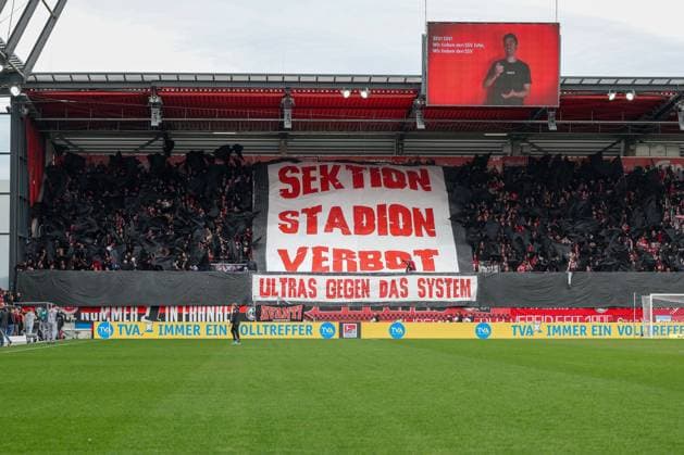 Ultras with banner against stadium ban, SSV Jahn Regensburg vs 1 FC Nuernberg, Soccer, 2 Bundesliga, 27 Matchday, 30 03 2025 DFB regulations prohibit any use of photographs as image sequences and or quasi video Regensburg Bayern Germany Copyright: xkolbert-press MartinxAgüerax