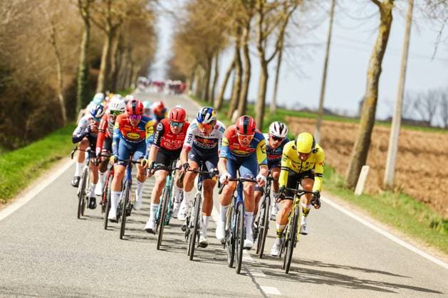 New Zealander Laurence Pithie of RedBull-BORA-hansgrohe, Danish Mads Pedersen of Lidl-Trek and Belgian Victor Campenaerts of Team Visma-Lease a Bike pictured in action during the men elite Gent-Wevelgem - In Flanders Fields one day cycling race, 250.3 km from Ieper to Wevelgem, Sunday 30 March 2025. DAVIDxPINTENS  x117194184x