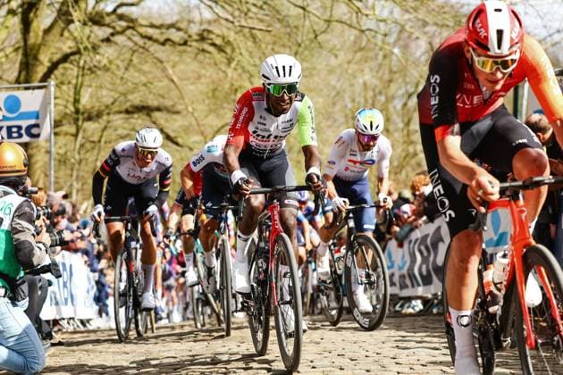 Eritrean Biniam Girmay Hailu of Intermarche-Wanty pictured in action on the Kemmelberg during the men elite Gent-Wevelgem - In Flanders Fields one day cycling race, 250.3 km from Ieper to Wevelgem, Sunday 30 March 2025. DAVIDxPINTENS  x117204543x
