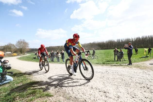 Danish Mads Pedersen of Lidl-Trek pictured in action on the plugstreets during the men elite Gent-Wevelgem - In Flanders Fields one day cycling race, 250.3 km from Ieper to Wevelgem, Sunday 30 March 2025. DAVIDxPINTENS  x117216279x