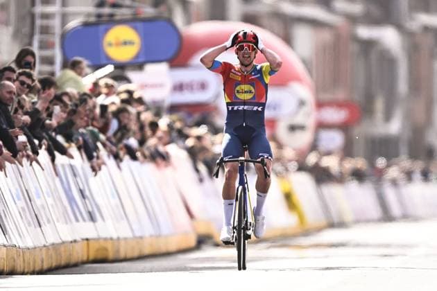Danish Mads Pedersen of Lidl-Trek wins the men elite Gent-Wevelgem - In Flanders Fields one day cycling race, 250.3 km from Ieper to Wevelgem, Sunday 30 March 2025. JASPERxJACOBS  x117232253x