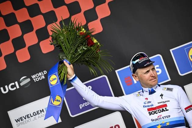 Belgian Tim Merlier of Soudal Quick-Step pictured on the podium after the men elite Gent-Wevelgem - In Flanders Fields one day cycling race, 250.3 km from Ieper to Wevelgem, Sunday 30 March 2025. JASPERxJACOBS  x117245460x