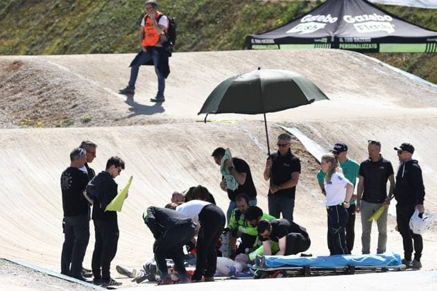 March 30, 2025, Verona, Veneto, Italy: Medics are heavily concerned as TIMEO MORET of Switzerland crashed on his head during Men Junior Last 16 of the UEC BMX European Cup Round 2 in Verona, Italy Verona Italy - ZUMAc179 20250330_zep_c179_070 Copyright: xMickaelxChavetx
