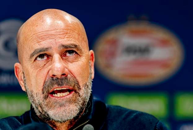 PSV Eindhoven trainer Peter Bosz during the press conference after the match the match PSV Ajax at the Philips stadium for the Dutch Eredivisie season 2024 2025 in EINDHOVEN, Netherlands on 30 march 2025, photo by Marcel van Dorst EYE4images DeFodi Images
