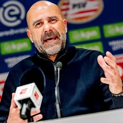PSV Eindhoven trainer Peter Bosz during the press conference after the match the match PSV Ajax at the Philips stadium for the Dutch Eredivisie season 2024 2025 in EINDHOVEN, Netherlands on 30 march 2025, photo by Marcel van Dorst EYE4images DeFodi Images