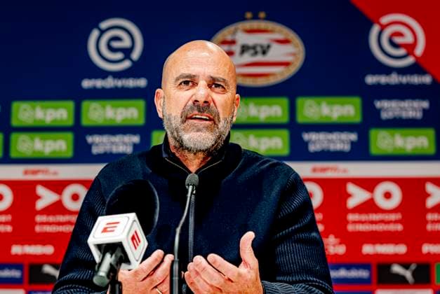 PSV Eindhoven trainer Peter Bosz during the press conference after the match the match PSV Ajax at the Philips stadium for the Dutch Eredivisie season 2024 2025 in EINDHOVEN, Netherlands on 30 march 2025, photo by Marcel van Dorst EYE4images DeFodi Images