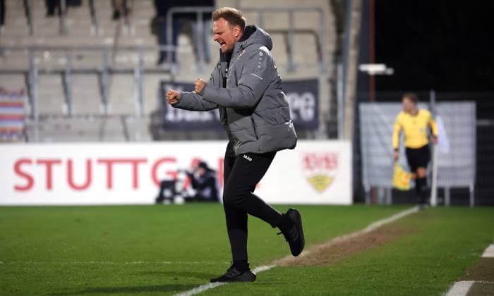 BAU 30 03 2025 Aspach Football VfB Stuttgart II vs SV Sandhausen, Coach Markus Fiedler VfB II celebrates after the victory