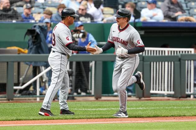 MLB, Baseball Herren, USA 2025: Guardians Vs Royals MAR 30 March 30, 2025: Cleveland Guardians designated hitter Kyle Manzardo (9), right, and Cleveland Guardians third base and infield coach Rouglas Odor (53) react to Manzardo s home run during the fifth inning of an MLB baseball game at Kauffman Stadium in Kansas City, MO. David Smith CSM (Credit Image: Â David Smith Cal Media) Kansas City Mo United States of America EDITORIAL USE ONLY Copyright: xx ZUMA-20250330_zma_c04_210.jpg DavidxSmithx csmphotothree371437
