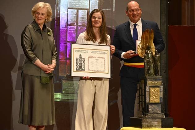 Princess Astrid of Belgium, Belgian Lotte Kopecky and Bruxelles-Brussel mayor Philippe Close pictured during the award ceremony for the National Trophy of Sports Merit 2024 (Trophee National du Merite Sportif - Nationale Trofee voor Sportverdienste), at the Brussels City Hall, . DIRKxWAEM  x117614730x