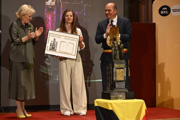 Sport Bilder des Tages Princess Astrid of Belgium, Belgian Lotte Kopecky and Bruxelles-Brussel mayor Philippe Close pictured during the award ceremony for the National Trophy of Sports Merit 2024 (Trophee National du Merite Sportif - Nationale Trofee voor Sportverdienste), at the Brussels City Hall, . DIRKxWAEM  x117614741x