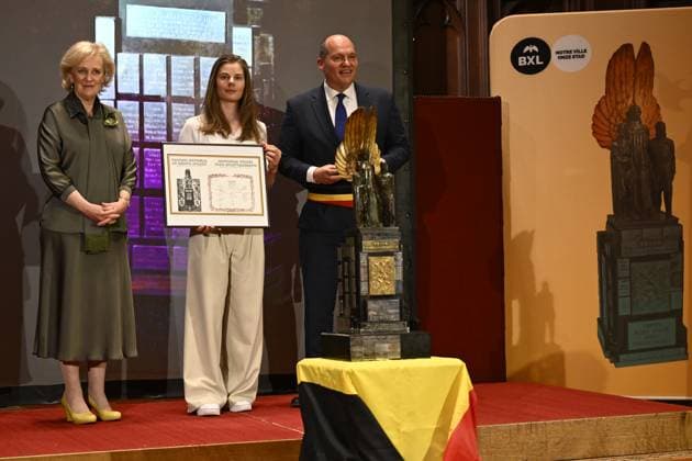 Princess Astrid of Belgium, Belgian Lotte Kopecky and Bruxelles-Brussel mayor Philippe Close pictured during the award ceremony for the National Trophy of Sports Merit 2024 (Trophee National du Merite Sportif - Nationale Trofee voor Sportverdienste), at the Brussels City Hall, . DIRKxWAEM  x117614780x